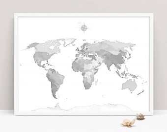 gray world map wall art bedroom world map art printable grey watercolor world map