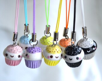 Cupcake Charm with Cellphone Strap - Kawaii Miniature Food Polymer Clay