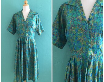 50's teal print shirt waist dress // 50's vintage shirt dress