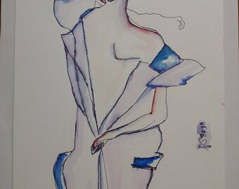 Woman with green bow-watercolor No. 40-2018