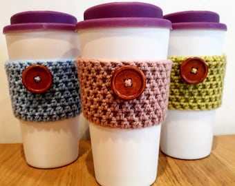 Coffee Cosy, Crochet Coffee Cosy, Travel Cup Cosy, Coffee Cup Sleeve, Coffee Cosy With Button, Travel Mug Cosy, Takeaway Coffee Sleeve