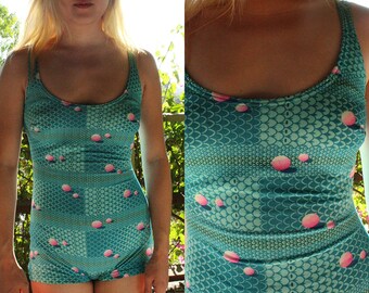 Vintage teal novelty print one piece swimsuit//