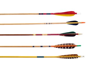 Vintage Wood Arrows. Wooden Arrows. Painted Decorative Arrows. Archery Arrows. Set of 5. Retro Graphics Feather Arrows. Boho Decor. MCM