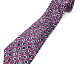 Vintage 100% Silk Countess Mara Necktie. Purple(Berry) with Navy, Green & White repeating pattern