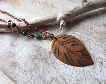 tiny copper monstera leaf necklace/pendant leaf of monstera/ rustic pendant copper