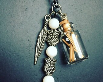 Owl necklace ~ charm necklace ~ feather necklace ~ glass jar ~ nature necklace ~ pine tree necklace