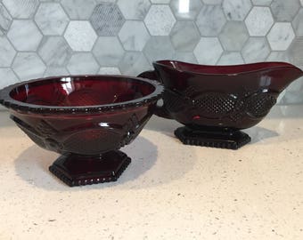 Avon Ruby Red Gravy Boat and Sugar Bowl, Cape Cod, 1876, Cranberry, Glass, Collectible
