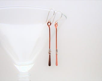 Hand Forged Sterling Silver and Copper Wire Wrapped Paddlestick Dangle Earrings