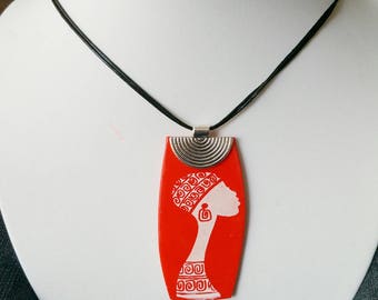 Tribal orange polymer clay necklace