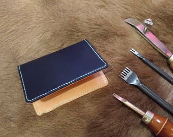 Leather wallet bifold wallet leather card holder dark blue leather vegetable tanned leather