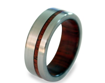 Titanium Ring for Men with Mahogany Wood Inner and Inlay, Mens Ring, Womens Ring, Mens Band, Wooden Ring, Wooden Ring for Nature Lovers
