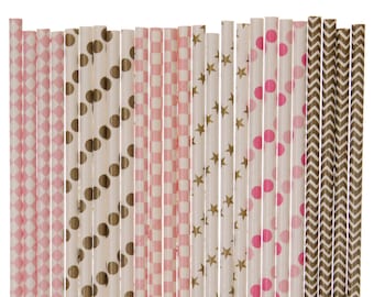 Paper Straw Mix, Pink and Gold Paper Straws, Glam Bridal Shower Decor, Boho Chic 1st Birthday Party Supplies, Pink Gold Wedding Paper Straws