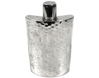 Hip Flask with Shot Glass Cap, Vintage Whiskey Flask Made in West Germany, 10 Ounce Size, Hammered Steel Silver Liquor Flask