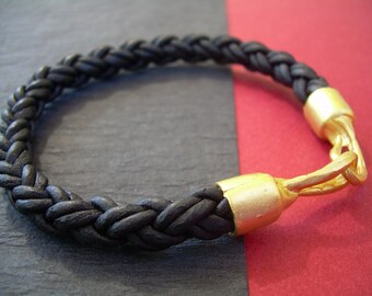 Thick Braided Leather Bracelet with Organic 22k Gold Plated Hook Clasp, Leather Bracelet, Mens Bracelet, Womens Bracelet, Mens Jewelry