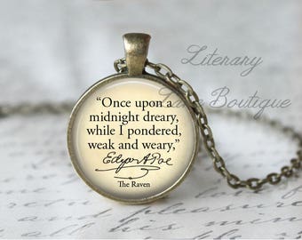The Raven, 'Once Upon A Midnight Dreary', Edgar Allan Poe Quote Necklace or Keyring, Keychain.