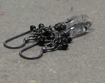 Rutilated Quartz Earrings Black Onyx Cluster Oxidized Sterling Silver Gift for Mom