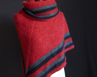 Vintage-handgemachte Schal, rote Hand gestrickt, roten Schal, Dreieckstuch, Vintage wickeln mit schwarzen und grauen Streifen