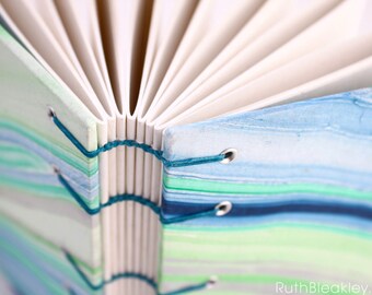 Unlined Journal - Lay Flat Journal - Green and Blue Marbled/Marbelized Journal - 160 pages - handbound by Ruth Bleakley