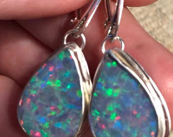 Gorgeous gem grade super high quality Australian opal doublet teardrop earrings in sterling silver