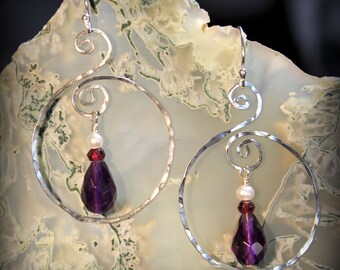 Faceted Amethyst Briolettes, Garnets, Pearls, Sterling Silver, Gift, Bridesmaids, Custom Jewelry, Earrings