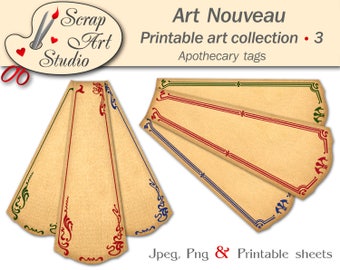 Apothecary tags in art nouveau decor. Vintage labels, printable blank tags, large, small labels. Free printable sheet. Png, Jpeg, pdf files.
