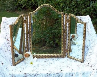 Antique Dressing Table Mirror Vintage Triple Section Dresser Mirror Gold Frame Triptych Mirrors Framed Trifold mirrors M353