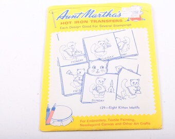 Days of The Week, Cats, 1960s Aunt Martha's, Hot Iron Transfers, Embroidery, Arts, Crafts, Eight Kitten Motifs ~ The Pink Room ~ 170101