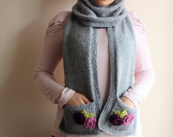 Grey Hand Knitted Long Scarf with Pockets-Marbled Gray Scarf with Flowers