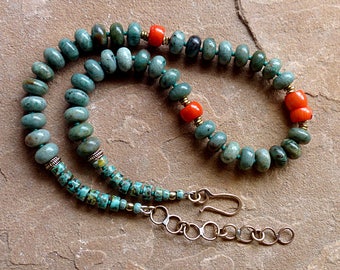 Orange Coral & Green Dragon Blood Jasper Chunky Necklace/Rustic Tribal Brass Beads and Chain . Rustic Boho Tribal Southwest Style Jewelry