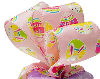 5YDS Colorful Pink Easter Bunny Chicks & Eggs 2-1/2" Wired Edge Satin Ribbon (FREE SHIPPING!)