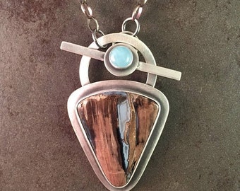 25% Off Blue Forest Jasper and Aquamarine Cabochon Sterling Silver Toggle Necklace Pendant
