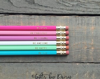 Motivational Pencil Set, Set of 6 Hex Pencils, Gold Foil Pencils, Engraved Pencils be kind be fabulous be strong be awesome gifts for her