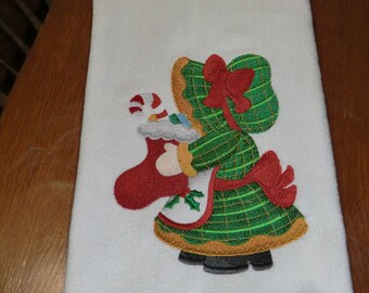 Embroidered Velour Hand Towel - Christmas - Sunbonnett Sue W/Stocking