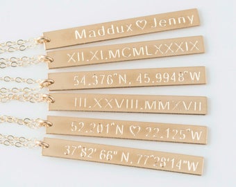 Custom Bar Necklace, Vertical Bar Necklace,Bridemaid Gift, Coordinates Necklace,Roman Numeral,Personalized necklace,Nameplate Necklace
