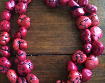 Large Chunky Red Coral Howlite Bead Long Necklace