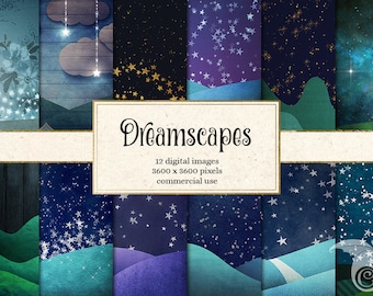 Dreamscapes digital paper backgrounds, fantasy night sky scrapbook paper, landscapes, starry night sky papers, moon, stars dream backgrounds