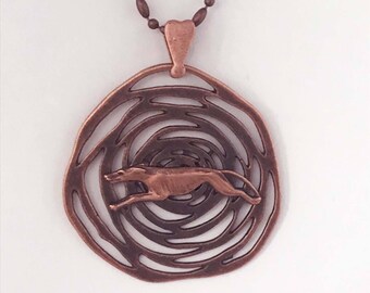 Antique Copper Maze Pendant w Copper Greyhound, Heart Bail, Copper Necklace