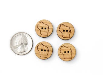 Round Buttons of -YOUR STATE- in Cherry Wood. Pack of 15. Laser Cut from Sustainable Harvest Wisconsin Wood . Timber Green Woods, U.S.A!