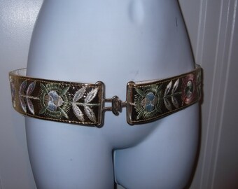 Wide Shiny Gold With Pastel Embroidered Flowers Belt