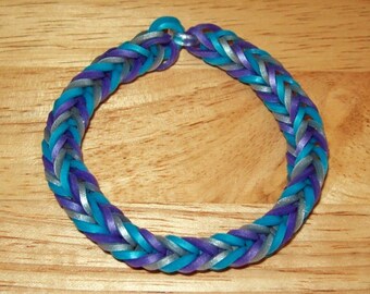 Rainbow Loom Rubber Band Bracelet, Metallic Colors of Blue, Purple, and Silver - Fancy Fishtail Design