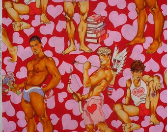 Valentine Hunks, Yard, Alexander Henry, Look of Love, Valentine Fabric, On Red, Oversized Figures, Cotton Fabric, As Cupid