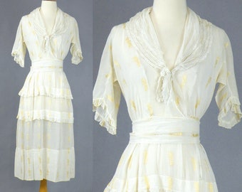 Edwardian Dress, Antique White Cotton Tea Dress, 1910s Dress, Downton Abbey Day Dress with Sailor Collar