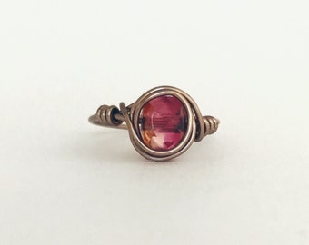 Handmade Wire Wrapped Silver Coated Ring Pink Stone Size 6