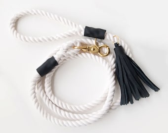 Rope Dog Leash - Black Leather with Tassel