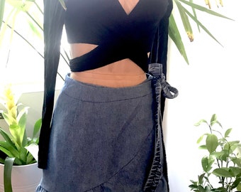 Denim Wrap Skirt with ruffle hem