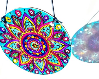 Glass Suncatcher Stained Glass, Hand Painted Sun Catcher for Window, Yoga Gift, Meditation Mandala, Window Decoration Mandala Wall Hanging