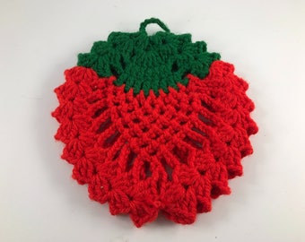 Vintage Hand Crochet Red and Green Strawberry Potholder