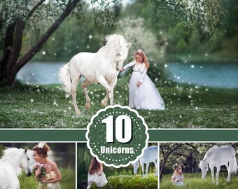 10 Majestic unicorn horse overlays, realistic animal, white horse, Photoshop overlay, fantasy, magic, fairy, star Digital Overlays, png