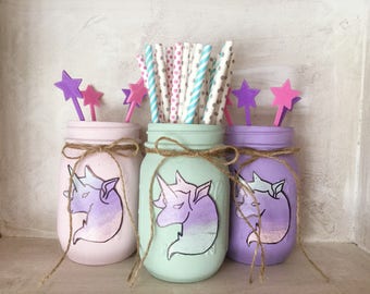 Painted Mason Jars. Unicorns. Party Decor. Unicorn Party. Girls room. Vases. Mason Jars. Birthday