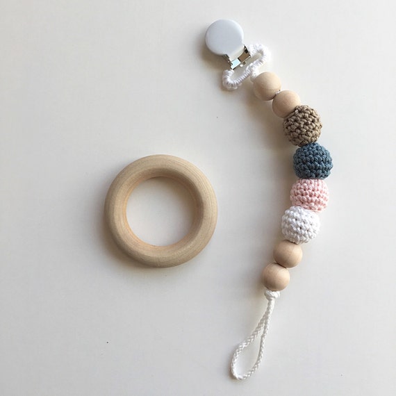 Ruby Clip - Crocheted Beads Pacifier Clip -- Eco-friendly pacifier clip -- crocheted wooden beads -- Baby Teether